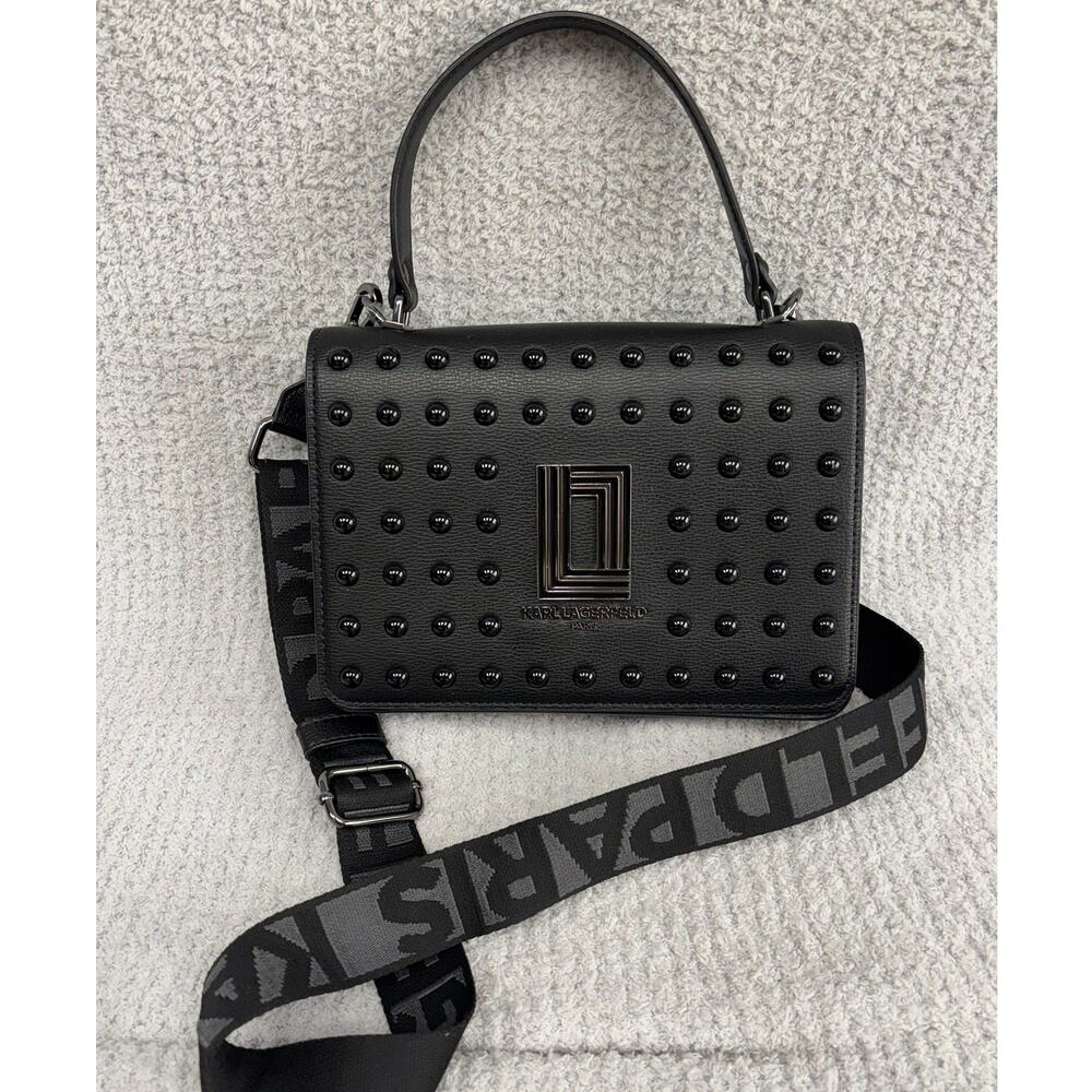 Karl Lagerfeld Paris Black Leather Simone Studded Crossbody Bag #81699